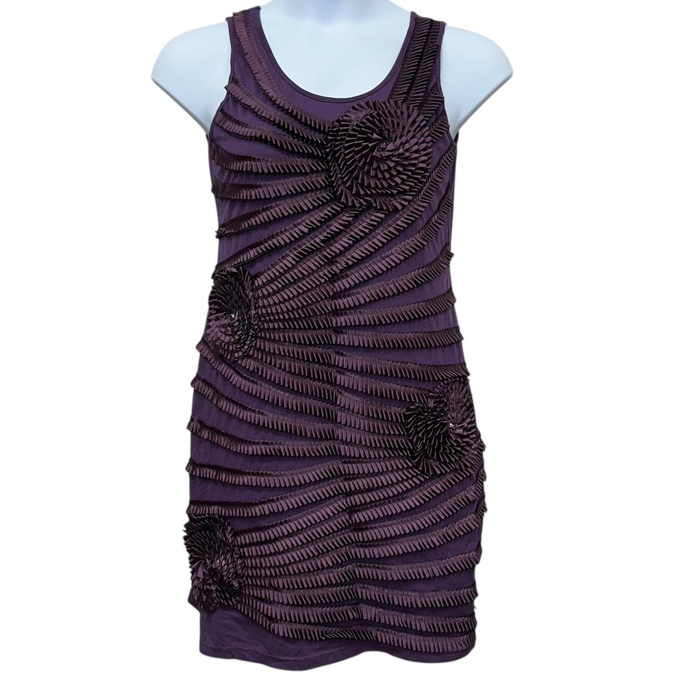 Vienna‎ Dress Womens Large Purple Embellished Rosette Ruffle Cocktail Sleeveless